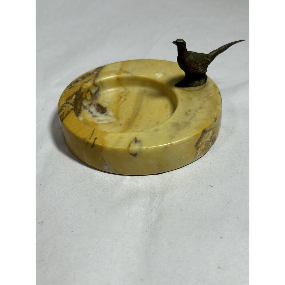 Vintage Art Deco Brass Pheasant Marble Figural Ashtray Trinket Dish Lodge Cabin